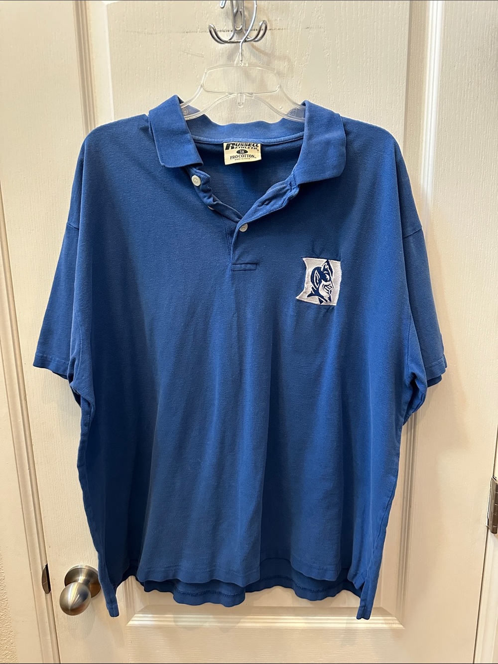 Russell Athletic Blue Short-Sleeve Polo with Duke Mascot Patch